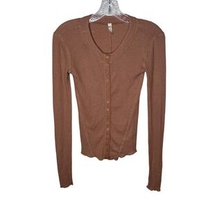Free People Long Sleeve Waffle Knit Button Up Top Brown XS TP